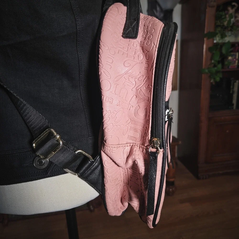 Juicy Couture Pink Embossed Logo Mini Backpack Black Trim Gothic Logo Band